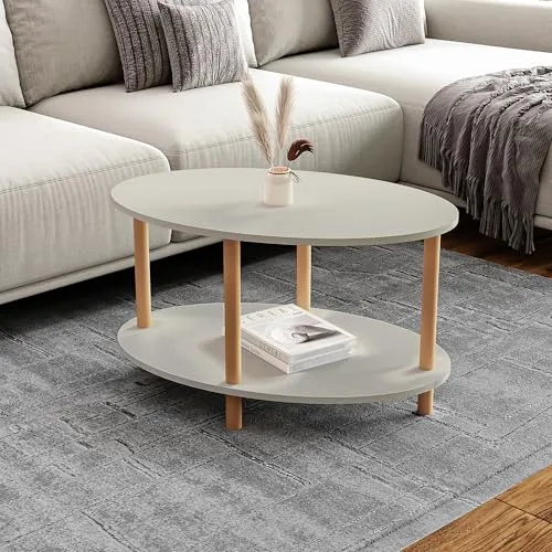 Couchtisch 'Højreby' oval aus Buchenholz mit Ablage - Couchtisch in sandsteinfarben mit stabilen Buchenholzbeinen und zusätzlicher Ablagefläche für mehr Stauraum. Ideal für ein modernes Wohnambiente.