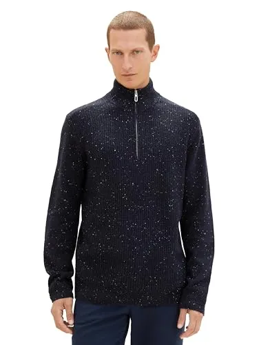TOM TAILOR Herren Troyer Pullover mit Reißverschluss, sky captain multicolor neps, L