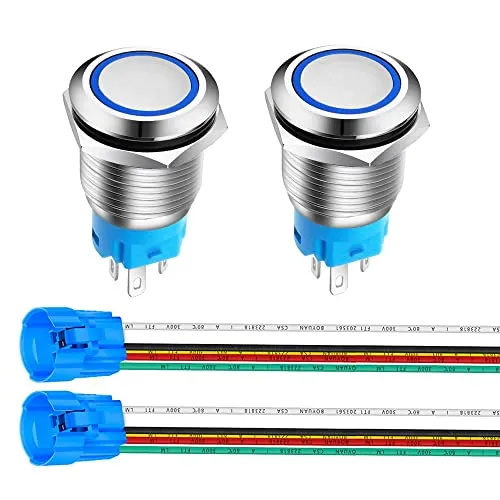 Gebildet 2Stücke 16mm Edelstahl Kurzzeitiger Drucktasten 12V-24V 5A LED 1NO1NC SPDT ON Off Wasserdichter mit Steckdose Stecker (Blau LED)
