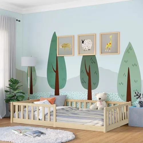 Bellabino Kinderbett Vere 120x200 cm - Bodenbett aus massivem Kiefernholz, ideal für Kinder, mit Rausfallschutz und hoher Belastbarkeit bis 100 kg.