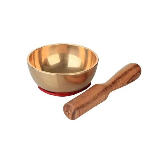 NKlaus Klangschale Set mittel ca. 7x3 cm – Handgefertigte Klangschale aus Messing mit Holzklöppel & rotem Kissen, ideal für Yoga, Meditation & Achtsamkeit