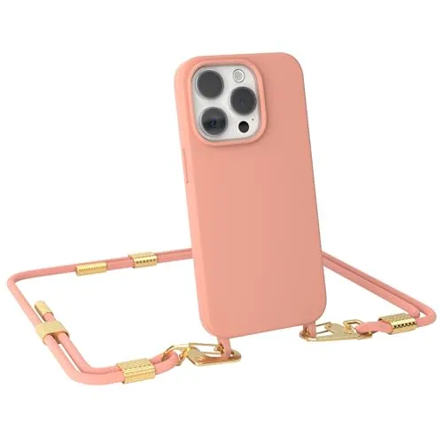 EAZY CASE - Handykette mit Karabiner kompatibel mit iPhone 15 Pro - Hülle Silikon Fallschutz Handyhülle für iPhone 15 Pro Kette zum Umhängen Schutzhülle mit Mikrofaser in Korall - Clips Gold