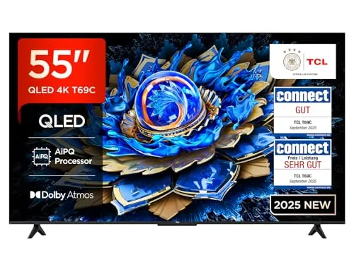 TCL 55T69C 55 Zoll QLED TV - 55 Zoll Smart TV mit QLED-Technologie für lebendige Farben und beeindruckenden Kontrast. Ideal für Gamer mit HDMI 2.1, niedriger Latenz und Game Master Funktionen.