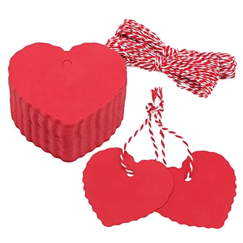 Herz Geschenkanhänger Valentinstag Anhänger Kraftpapier Etiketten, 100 Stück Tags mit Rot und Weiß Schnur, für Hochzeit Geschenke Basteln Deco (Rot)