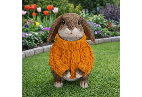 Online-Fuchs Gartenfigur süßer Hase mit Pullover für außen in orange von Online Fuchs