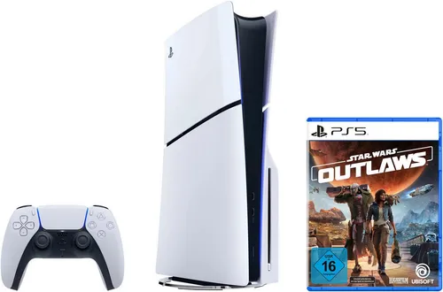 PlayStation 5 Disk Edition (Slim) + Star Wars Outlaws - Konsolen mit 4K-Blu-ray und 1000 GB SSD, inklusive dem spannenden Star Wars Outlaws Spiel und DualSense Controller für ein immersives Gaming-Erlebnis.