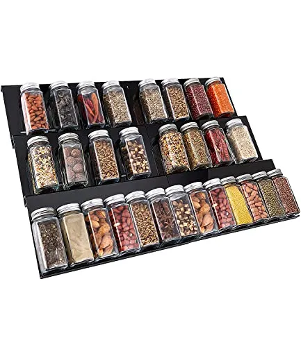 FAOKZE gewürz schubladeneinsatz von 30cm bis 60cm ausziehbar, Gewürzregal für Schubladen, organizer, gewürzeinsatz schublade auf 3 Ebenen - schwarz