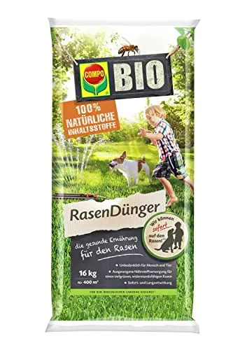 Compo BIO Rasendünger, Für junge Rasenpflanzen, Rasenneuanlage und Rollrasen, Feingranulat, 16 kg, 400 m²