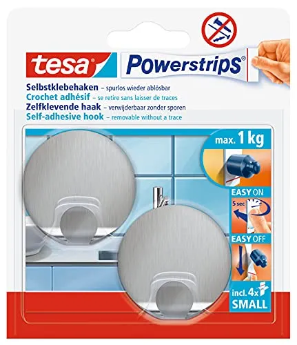 tesa Powerstrips Haken S rund edelstahl - Praktische Mehrzweckhaken aus Edelstahl, ideal für eine einfache Befestigung ohne Bohren. Perfekt für die Küche oder das Bad, mit starker Haftkraft und rückstandsfrei entfernbar.