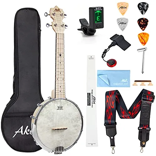 Aklot Banjolele 23 Zoll - 4 Saiten Banjo-Ukelele - Ukulele mit offenem Rücken für einen hellen Klang, ausgestattet mit Remo Trommelkopf und Advanced Tuner für präzises Stimmen. Ideal für Musiker, die den Appalachian Sound lieben.