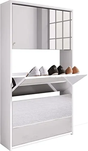 VCM Holz Schuhschrank Stido XL mit Spiegel - Flurschränke & Dielenschränke, Platzsparend mit drei Klappen für bis zu neun Paar Schuhe und praktischem Frontspiegel.