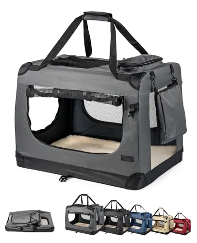 lionto Hundetransportbox faltbar für Reise Auto - 90x61x65 cm, stabile Transportbox für Hunde und Katzen bis 22 kg, mit abnehmbarem Liegekissen und optimaler Luftzirkulation