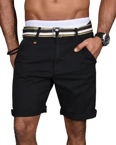 Indicode Herren Sommer Bermuda Chino Shorts Kurze Hose Sommerhose Short mit Gürtel B499 [B499-Schwarz-Gr.XL]