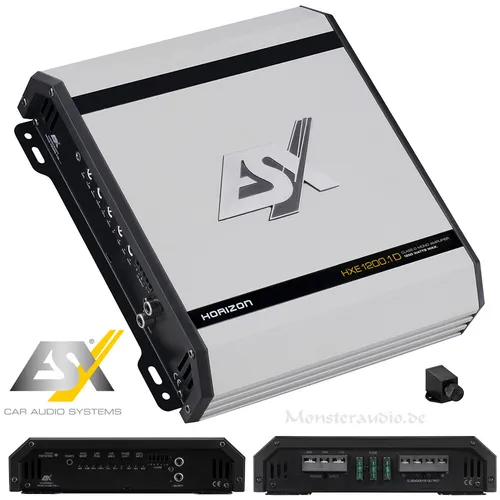 ESX Horizon HXE1200.1D 1-Kanal Verstärker - Leistungsstarker Monoblock-Verstärker mit 1200 Watt, kompakt und ideal für kraftvollen Sound im Auto. Robustes Design für langfristigen Einsatz.