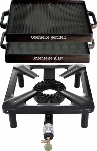 Hockerkocher-Set mit Gusseisengrillplatte 32 x 32 cm - Grills für Camping und Profiköche, kompakt und robust, mit 4 kW Leistung und höhenverstellbaren Füßen. Perfekte Grillstation für unterwegs!