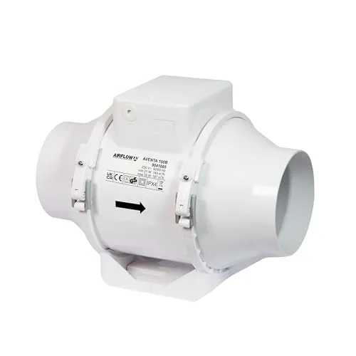 Airflow Aventa 100B In-Line Lüfter – 2-Stufen, Mischstrom, 100mm Rohranschluss, Energiesparend 21W, Luftstrom 145–187 m³/h, IPX4 Schutzart, Kompaktes Design (190x246x126mm), 3 Jahre Garantie