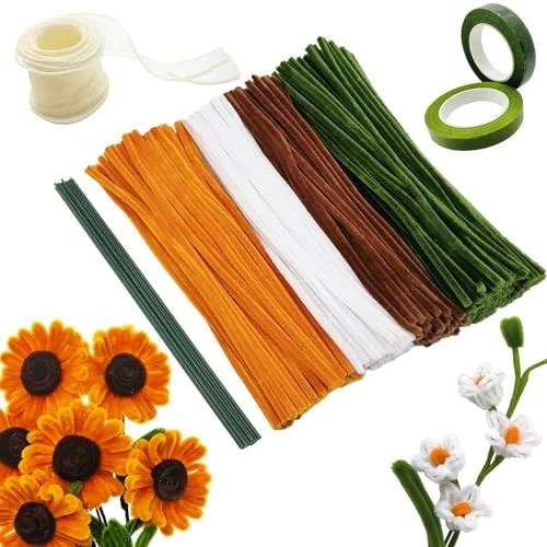YUNYAKARSA 300 Stück Pfeifenreiniger Blumen Set, Pfeifenputzer zum Basteln, 4 Farben Pipe Cleaner, Pfeifenreiniger zum Basteln mit 20 Grün Basteldraht, Geschenkband, Floristenband, Sonnenblumen