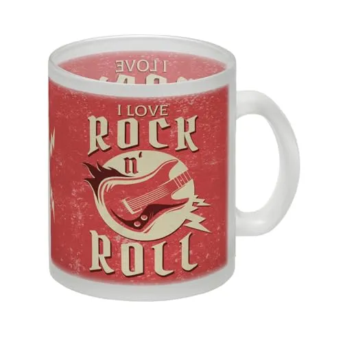 I Love Rock 'n' Roll Glas Tasse mit Gitarren Motiv im rustikalen Stil als Geschenkidee für Freunde des Rock und Rockabilly Glas Tasse Wer eine Geschenkidee für echte Rocker unter