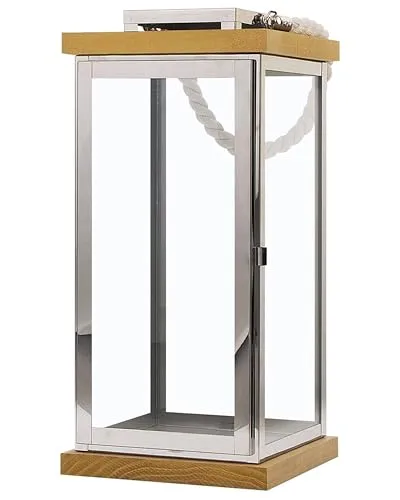 Beliani Dekorative Laterne Silber/Heller Holzfarbton Borneo - Lampen - Zeitlose rechteckige Laterne aus Edelstahl und Holz, ideal für drinnen und draußen, mit praktischem Henkel für vielseitige Nutzung.