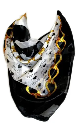 Schwarz & Weiß Jesus Aufdruck Quadratisch Seide Satin Schal