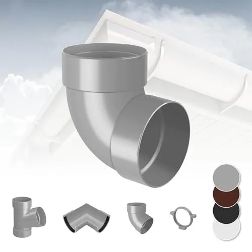 RAINWAY S Regenrinnen System (Rohrbogen 87° zweifach grau) - PVC-U Kunststoff in 4 Farben, für Dachflächen < 100m² empfohlen, Eckstück Bogen 87 Grad