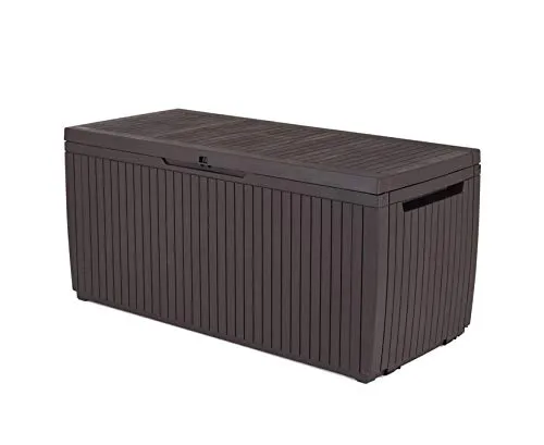 Keter 6048 Auflagenbox, Universal Wood Style Box, 305 L - Schrankkoffer aus witterungsbeständigem Kunststoff in Holzoptik, ideal zur Aufbewahrung von Gartengeräten und Möbelkissen. Mit 305 L Fassungsvermögen und bis zu 250 kg Tragkraft.