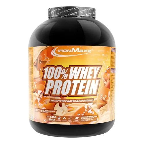 IronMaxx 100% Whey Protein Pulver - Salted Caramel 2350g Dose - Molkenproteine: Zuckerreduziertes, wasserlösliches Eiweißpulver mit 37g Protein pro Portion, ideal für dein Workout und schnellen Muskelaufbau.