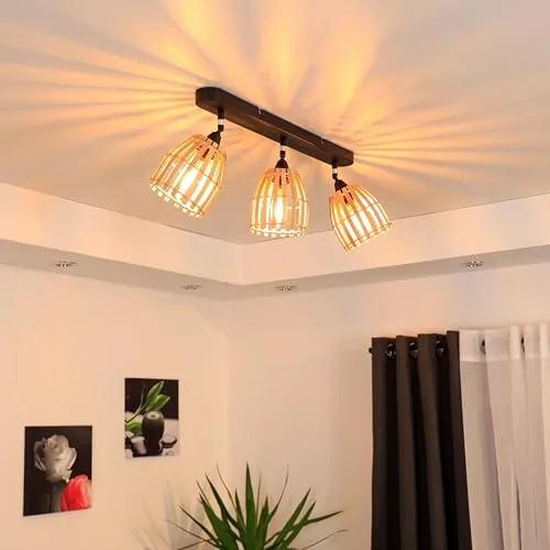 REV LED Wandlampe innen - 3x E14 60x13x20cm Lampe Wand für Wohnzimmer und Schlafzimmer, Wandlampe in Rattanoptik