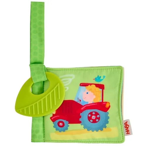 HABA Buggybuch Bauernhof – Baby-Stoffbuch mit Beißelement und Klettschlaufe, Waschbar bei 30 °C, Quietsch- und Knisterfolie, für Kinder ab 6 Monaten – 2012328001