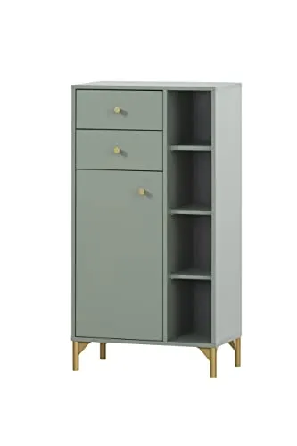 Schildmeyer Badschrank Ando 154263, pistazie, stehend - Hochwertiger Badezimmerschrank mit 6 Fächern für optimalen Stauraum. Feuchtigkeitsbeständig, aus MDF, mit eleganten goldlackierten Griffen. Ideal für Handtücher und Kosmetik.
