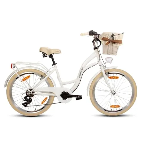 Goetze Mood 24 Zoll Kinderfahrrad, 14 Zoll Tiefeinsteiger Rahmen, 6-Gang Kettenschaltung, doppelte V-Bremsen, LED-Beleuchtung, Gepäckträger, Rattankorb, Komfortsattel, mit Seitenständer & Klingel!