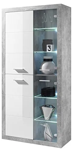 STONE Kommode in Beton Optik und Weiß Hochglanz - Glasvitrine mit LED-Beleuchtung, bietet viel Stauraum und setzt Ihre Lieblingsstücke stilvoll in Szene.
