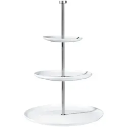 Grande Etagere flach 3 stufig 47 cm - Serviergeschirr, stilvolle 3-stufige Etagere aus hochwertigem Metall und Keramik, perfekt für elegante Anlässe und Buffets.