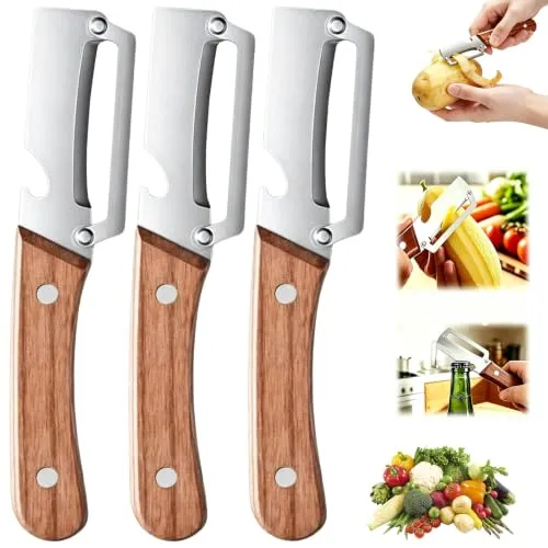 DASHUI 3 Stück 2 in 1 Multifunktionaler Gemüseschäler für Die Küche, Sparschäler mit Holzgriff und Integriertem Flaschenöffner für Obst, Gemüse und Picknicks