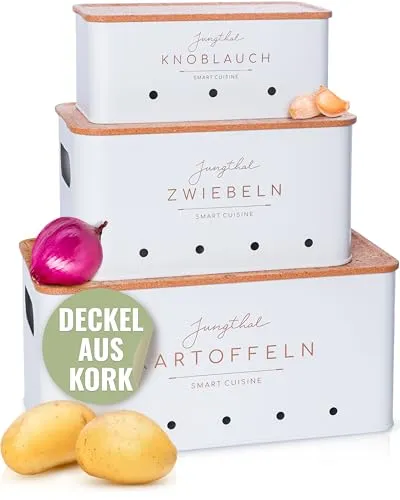 JUNGTHAL Kartoffel Aufbewahrungsbox | 3er Set | Aufbewahrung für Kartoffeln, Zwiebeln & Knoblauch | Zwiebeltopf, Kartoffelbox, Kartoffelkiste | Weiss
