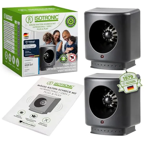 ISOTRONIC Mäusevertreiber mit Ultraschall gegen Mäuse & Ratten |Tradition seit 1979 | 230V Mäuseschreck für Keller, Dachböden, Garagen UVM. | tierschonend & sicher | 2 x 50 m² Wirkungsbereich