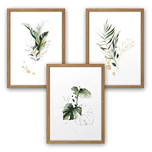 3-teiliges Premium Poster-Set | Kunstdruck | Botanik grün | Blätter | Deko Bild für Ihre Wand | optional mit Rahmen | Wohnzimmer Schlafzimmer Modern Fine Art | DIN A4 / A3 (A4, natur Rahmen)