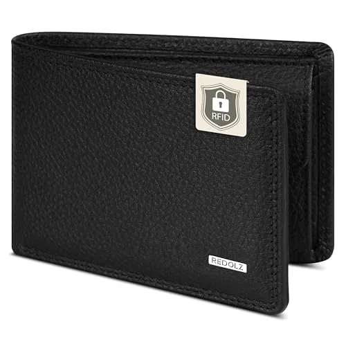 REDOLZ Mini-Geldbörse aus Leder | RFID-Schutz & 4 Kreditkartenfächer | Herren-Geldbeutel Querformat | Maße 10,5 x 2 x 7,5 cm (schwarz)
