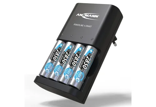 ANSMANN Akkuladegerät Powerline 4 Smart mit 4 NiMH 2850 Akkus - Innovatives Ladegerät für bis zu 4 NiMH AA/AAA Akkus mit Automatik-Ladefunktion und Akku Repair Mode für langlebige Leistung.