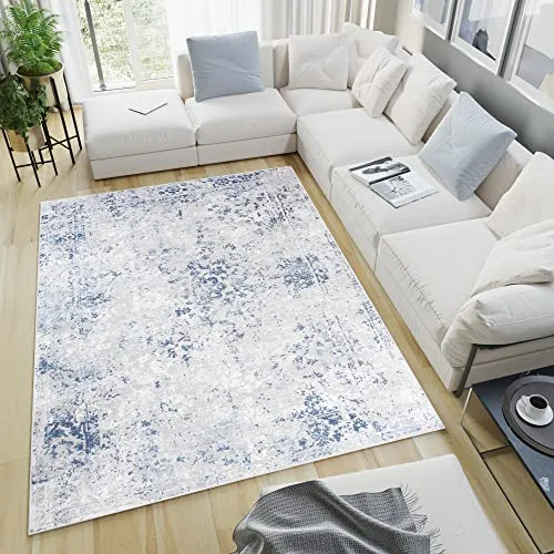 TAPISO Sky Teppich Kurzflor Modern Grau Blau Creme Ornament Design Meliert Wohnzimmer Schlafzimmer 3D Optik ÖKOTEX 90 x 150 cm