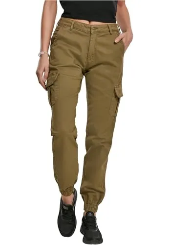 Urban Classics Damen High Waist Cargo Pants Hose, summerolive, 28 - Damen-Hosen mit hohem Bund für optimalen Tragekomfort und voluminösen Cargo-Taschen, die den Look abrunden.
