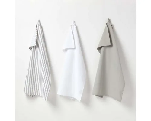 Homescapes Geschirrtuch 3er-Set Geschirrtücher – grau, weiß & gestreift, 100% Baumwolle