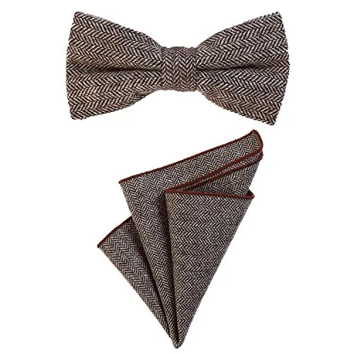 DonDon Herren Fliege 12 x 6 cm mit farblich passendem Einstecktuch 23 x 23 cm beides aus Baumwolle im Tweed Look braun kariert