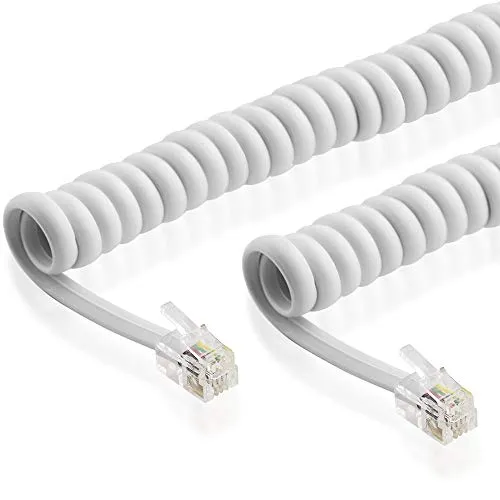 BestPlug 2 Meter Kabel für Telefonhörer mit Spirale, RJ10 Stecker auf RJ10 Stecker, Weiss