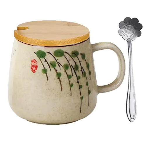 Kaffeetasse mit Deckel,Becher Keramik Milchbecher mit Deckel,Cappuccino Tassen Steingut 400 ml,Japanisches Kaffeetasse Handbemalte Wasser Tasse Unterglasur Große Kapazität Frühstückstasse