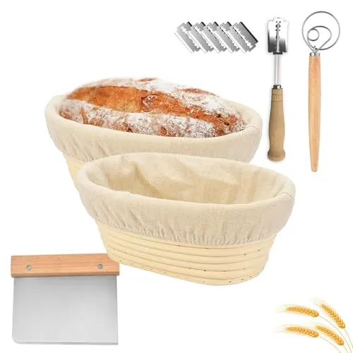 Gärkörbchen Oval (ø 25cm),2 PCS Banneton Proof Basket Korb Set,aus Sauerteigbrotkorb im französischen Stil,100% natürliches Rattan,mit Teigschaber,Leinenwäsche,Teig-Schneebesen,für Brot(750g Teig)
