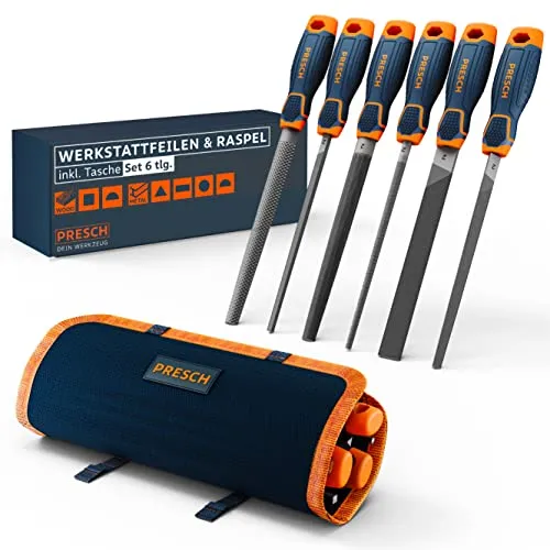 Presch Feilenset Metall und Holz 6tlg. - Profi Feilen Set mit Rolltasche - Feilen & Raspeln - Hochwertiges 6-teiliges Set aus gehärtetem Carbonstahl, ideal für Metall, Holz und Kunststoff. Inklusive praktischer Rolltasche für einfachen Transport und Aufbewahrung.