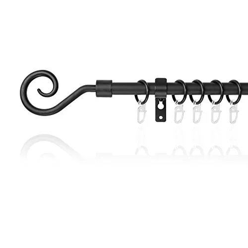 Lichtblick Gardinenstange Kringel, 16 mm, ausziehbar, 1 läufig, 130-240 cm Länge, inklusive Wandhalter und Ringe mit Faltenleghaken Schwarz