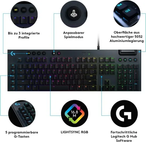 Logitech G915 LIGHTSPEED Gaming-Tastatur - QWERTZ-Layout, drahtlos mit LIGHTSPEED Technologie für blitzschnelle Reaktionszeiten und unvergleichlichen Spielkomfort.