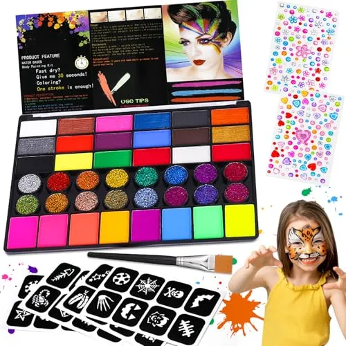 Gigmeta Kinderschminke Set, 42 Farben Waschbar Face Paint Bodypaint Schminkset, Körperfarbe Kinder inkl. professionellen Pinsel, 4 Schablonen, 2 Diamant Sticker für Halloween Karneval Make up Fasching